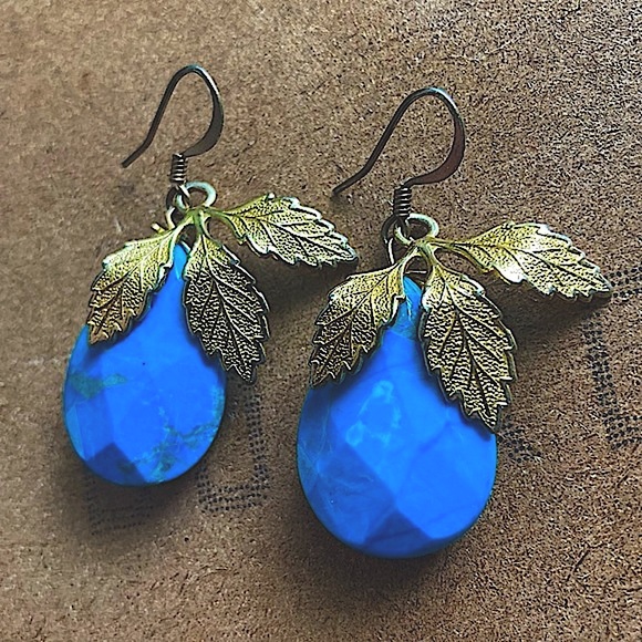 Blue Drop Earrings with Gold Accents - Picture 2 of 5